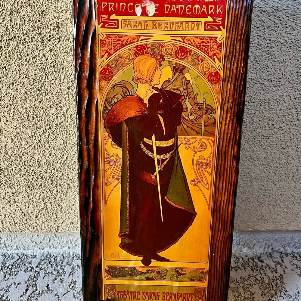 Vintage Hamlet Sarah Bernhardt men and sword wooden wall art 7/16 inch